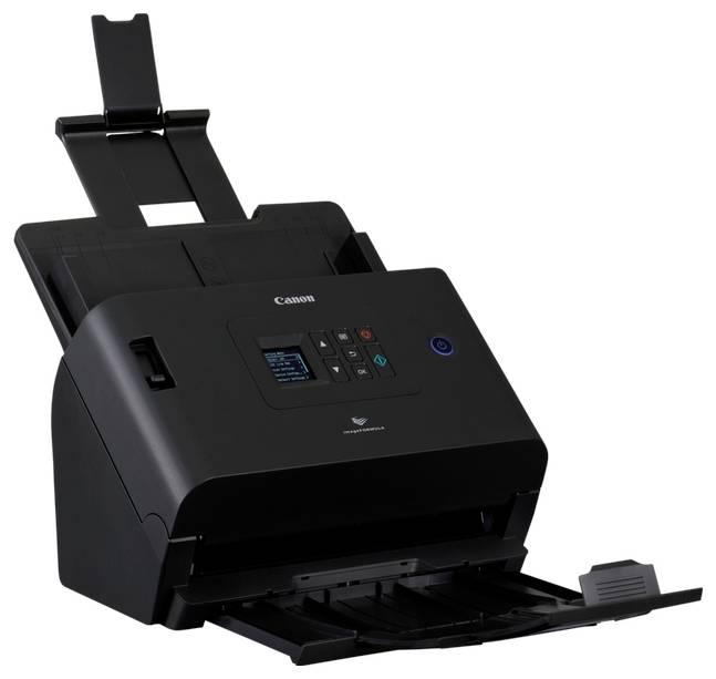 Skener dokumentov Canon Black s automatickým podávačom a ovládacím panelom, zobrazený na bielom pozadí