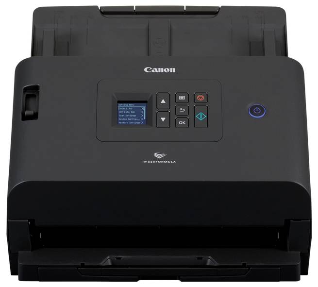 Predný pohľad na skener dokumentov Canon imageFORMULA s podávačom papiera, malým displejom, tlačidlami ovládania a tlačidlom napájania.