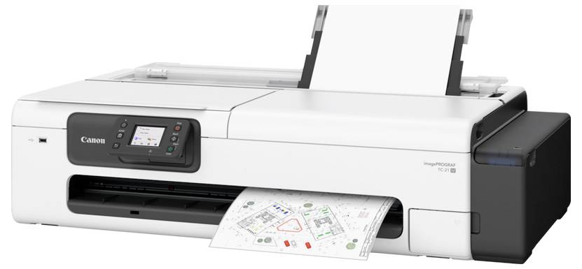 Veľký formátový tlačiareň Canon White produkujúca farebný technický výkres z predného papierového slotu s papierom naložením zo zadného podávača.