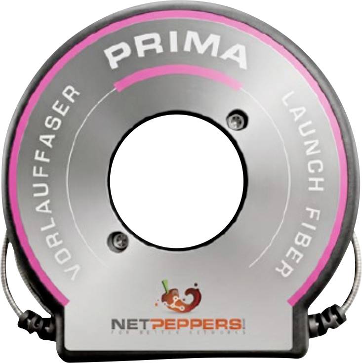 Sivé kruhové spúšťacie zariadenie označené „PRIMA" a „LAUNCH FIBER", značky „NETPEPPERS", s centrálnym otvorom a ružovými akcentmi.