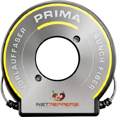 Okrúhle sivé zariadenie podobné reproduktoru s označením "PRIMA" a "LAUNCH FIBER" s logom "NETPEPPERS" v dolnej časti.