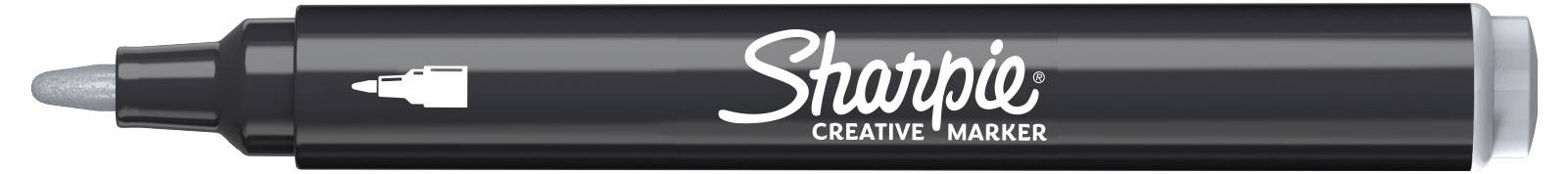Čierny kreatívny marker Sharpie s sivým uzáverom a hrotom, zobrazený horizontálne na bielom pozadí.