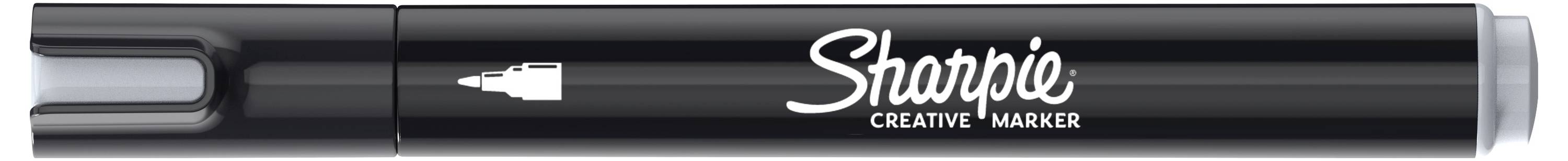 Čierny kreatívny marker Sharpie zobrazený horizontálne, s viečkom vľavo a bielym logom Sharpie na tele markera.