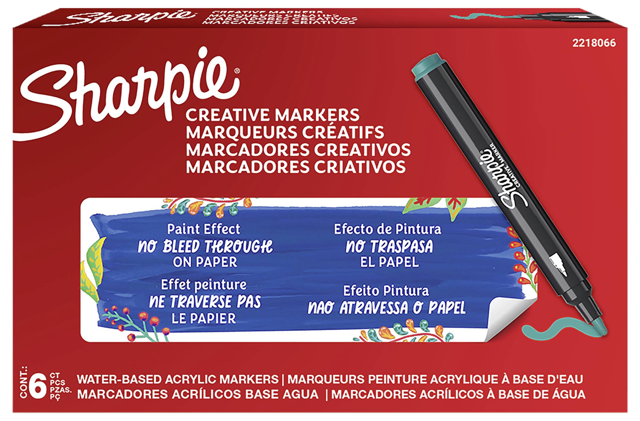 Škatuľa kreatívnych značkovačov Sharpie v červenom obale, ktorá ukazuje čierny značkovač a modrý štítok, na ktorom je napísané „Paint Effect" a „Bez pretekania cez papier" v niekoľkých jazykoch.
