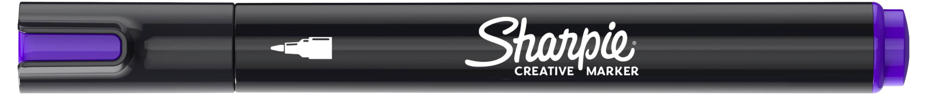 Čierny Sharpie Kreatívny Fix s purpurovými uzávermi a špičkou, zobrazený vodorovne na bielom pozadí.