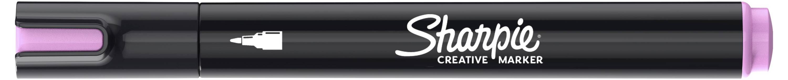 Čierny kreatívny marker Sharpie s ružovou čiapočkou a ružovým skosením, zobrazený horizontálne na bielom pozadí.