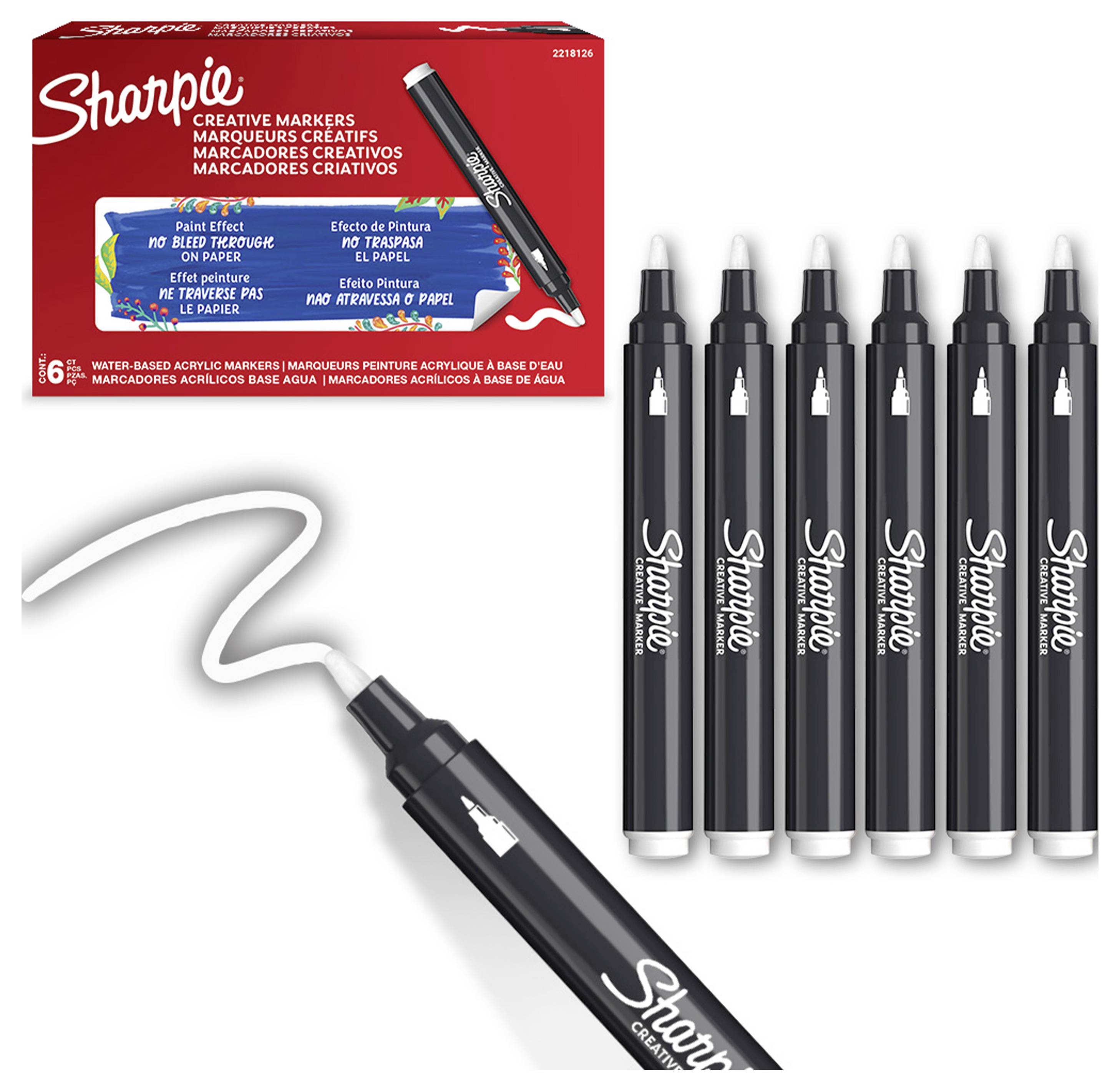 Balíčok Sharpie Creative Markers a šesť čiernych značkovačov, pričom jeden značkovač nakreslí bielu čiaru.