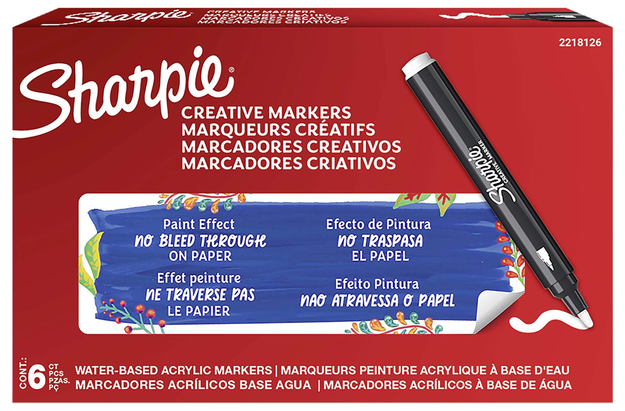 Krabička kreatívnych značkovačov Sharpie s čiernym značkovačom zobrazeným na červenom balení; etiketa hovorí "Paint Effect" a "bez presiaknutia cez papier".