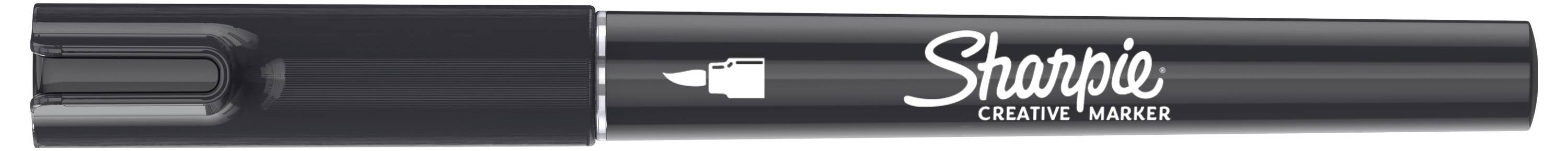 Čierna fixka Sharpie Creative Marker zobrazená horizontálne, s uzáveretkom na ľavej strane a logom Sharpie a textom na tele fixky.