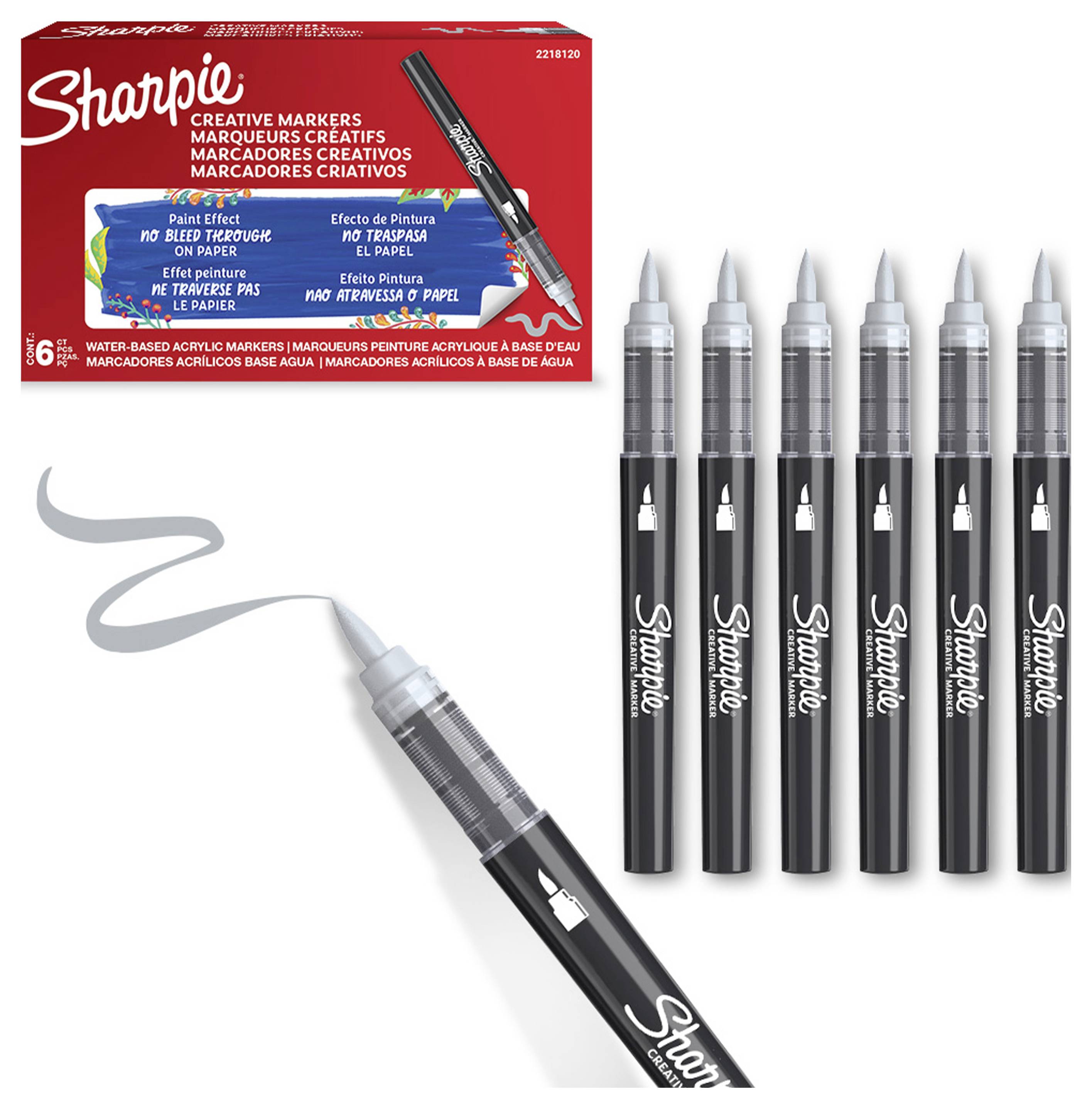 Sharpie Creative Markers značkovače s akrylovou farbou, zobrazené ako balenie šiestich kusov s jedným značkovačom kresliacim sivý ťah štetcom a šiestimi značkovačmi stojacimi vzpriamene.