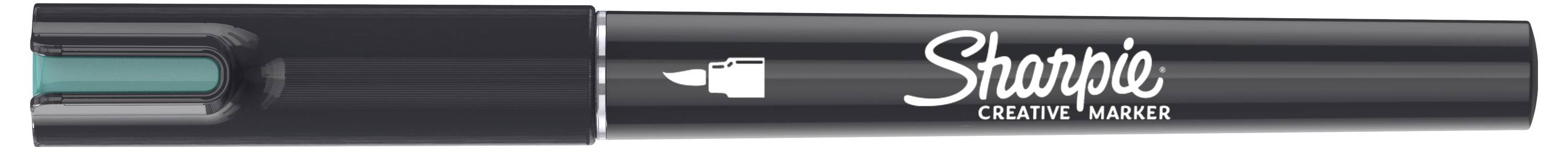 Čierna kreatívna fixka Sharpie s petrolejovým uzáverom a bielym logom na tele fixky.