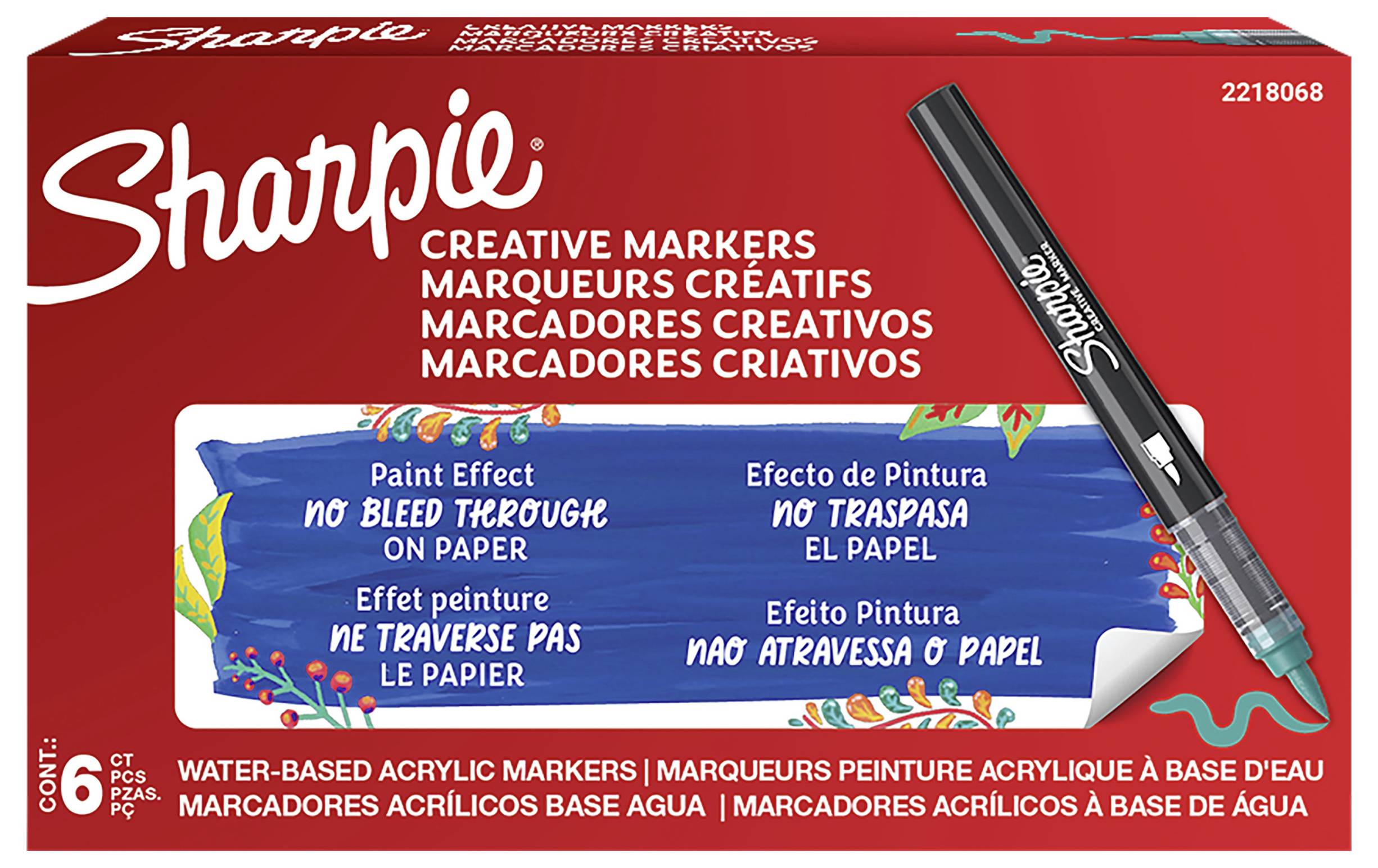 Krabica Sharpie Creative Markers s čiernym fixom a modrým štítkom s nápisom "Efekt farby, bez presakovania na papier" v niekoľkých jazykoch.