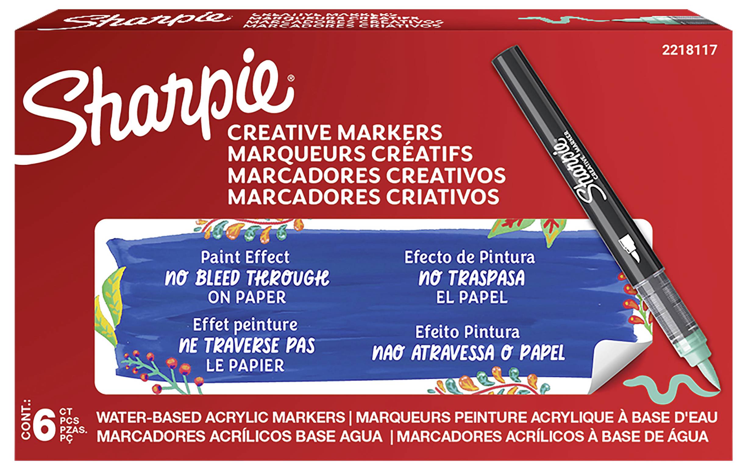 Krabica kreatívnych značkovačov Sharpie, značkovače na báze vody s akrylovou farbou a efektom maľby, bez presiaknutia cez papier; 6 kusov.