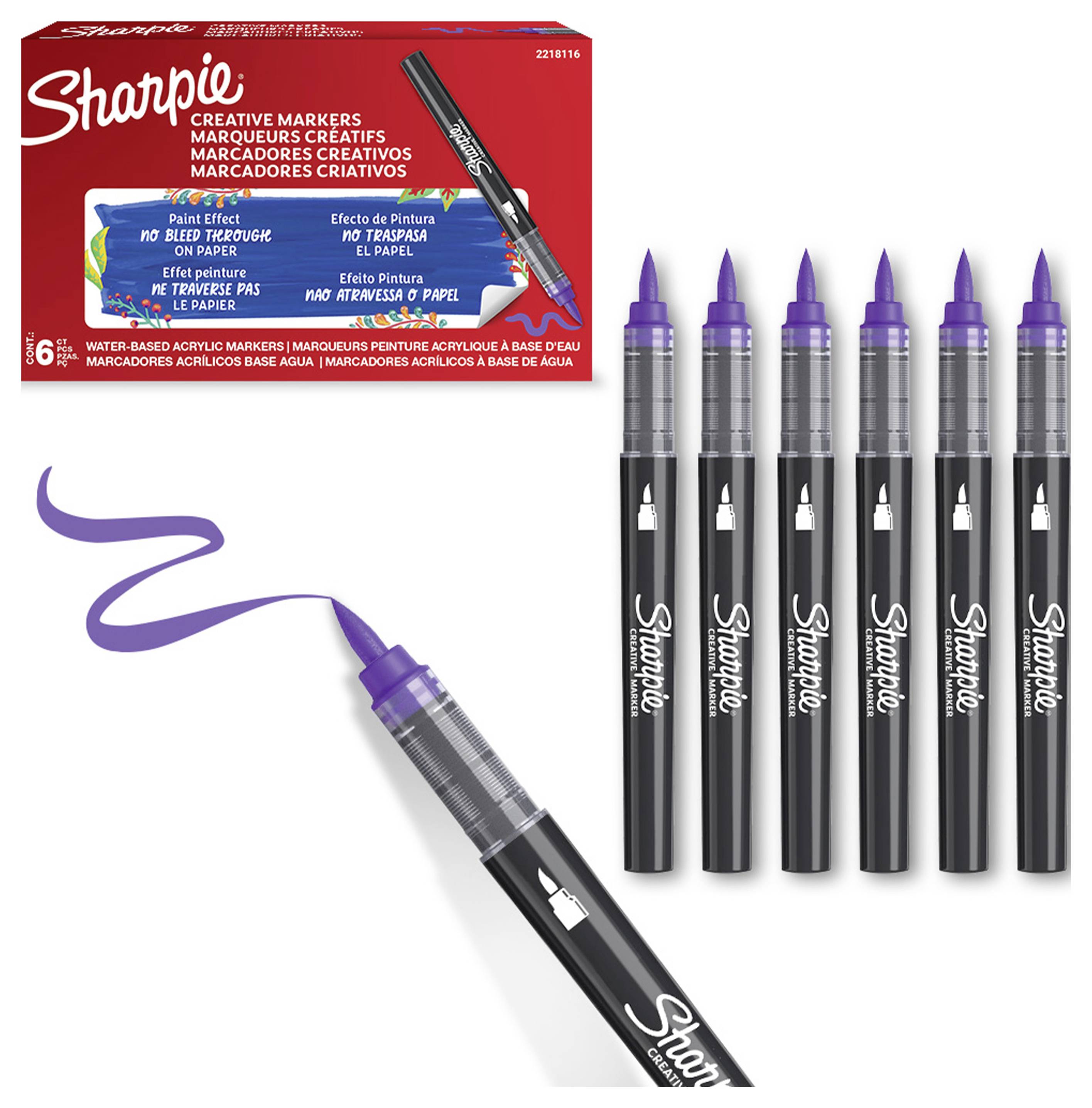 Sharpie Kreatívne markery 6-balenie s fialovými markermi, zobrazujúce balenie, šesť vzpriamených pier a jeden pero nakreslené fialovým vláčikom.