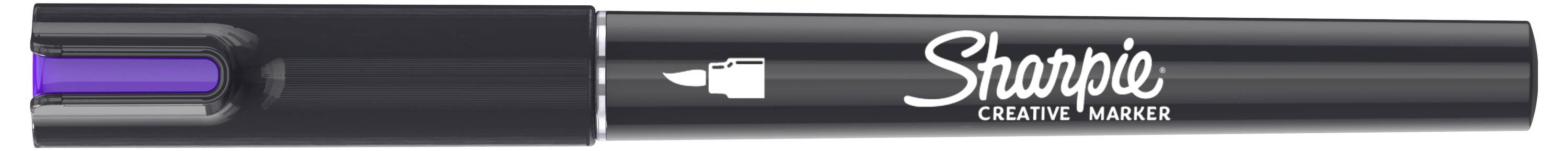 Čierny Sharpie Kreatívny Marker s fialový ostrý hrot, zobrazený v balení s tubusom a uzáverom.