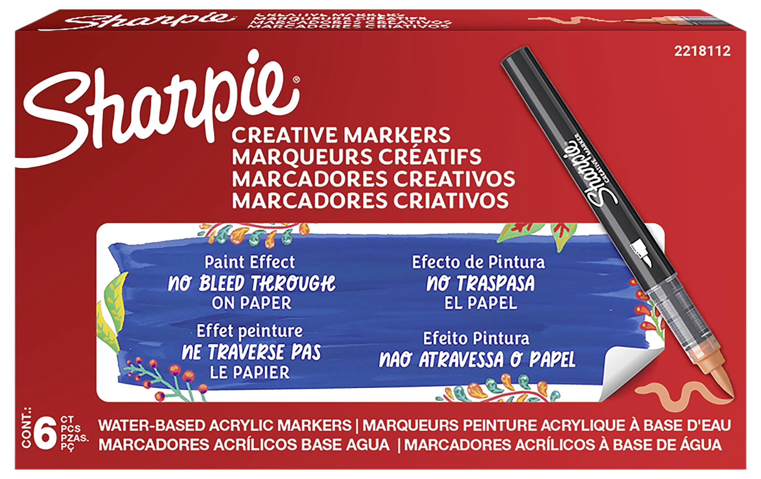 Balíček tvorivých značkovačov Sharpie s čiernym značkovačom a nálepkou propagujúcou značkovače na báze vody s akrylovým efektom a bez pretečenia na papier.