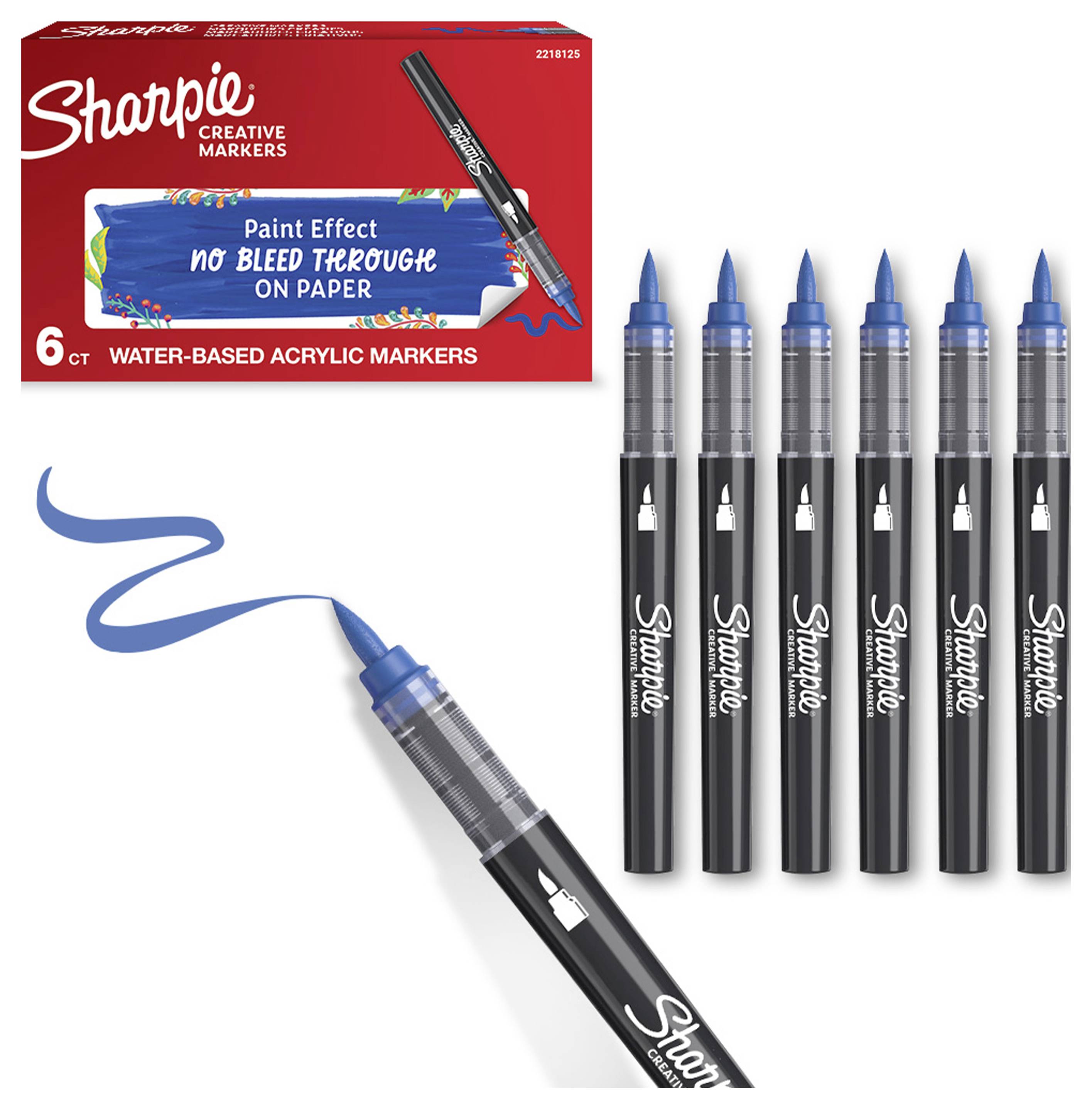 Sharpie Creative Markers 6-balení vodou rozpustných akrylových značkovačov; jeden kreslí modrú líniu podobnú farbe, zobrazených šesť značkovačov a balenie.