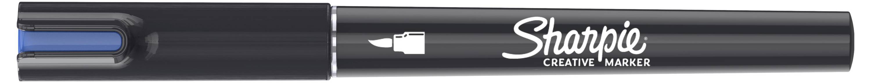Čierna kreatívna fixka Sharpie zobrazená horizontálne, s modrým uzáverom vľavo a logom Sharpie na tele fixky.