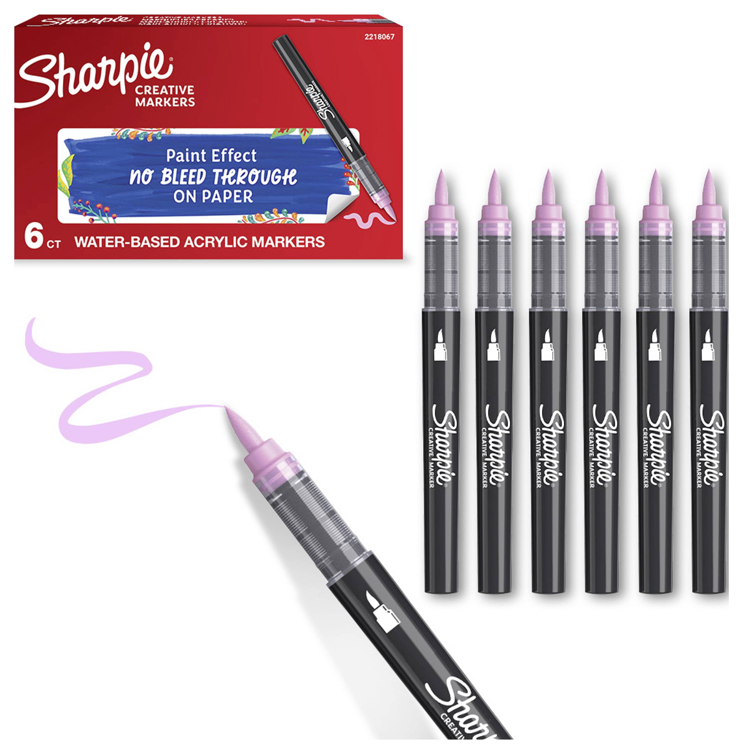 Sada Sharpie Creative Markers v počte 6 kusov v ružovej farbe, zobrazená s balením, šiestimi fixami a ukážkou ružového ťahu s efektom farby.