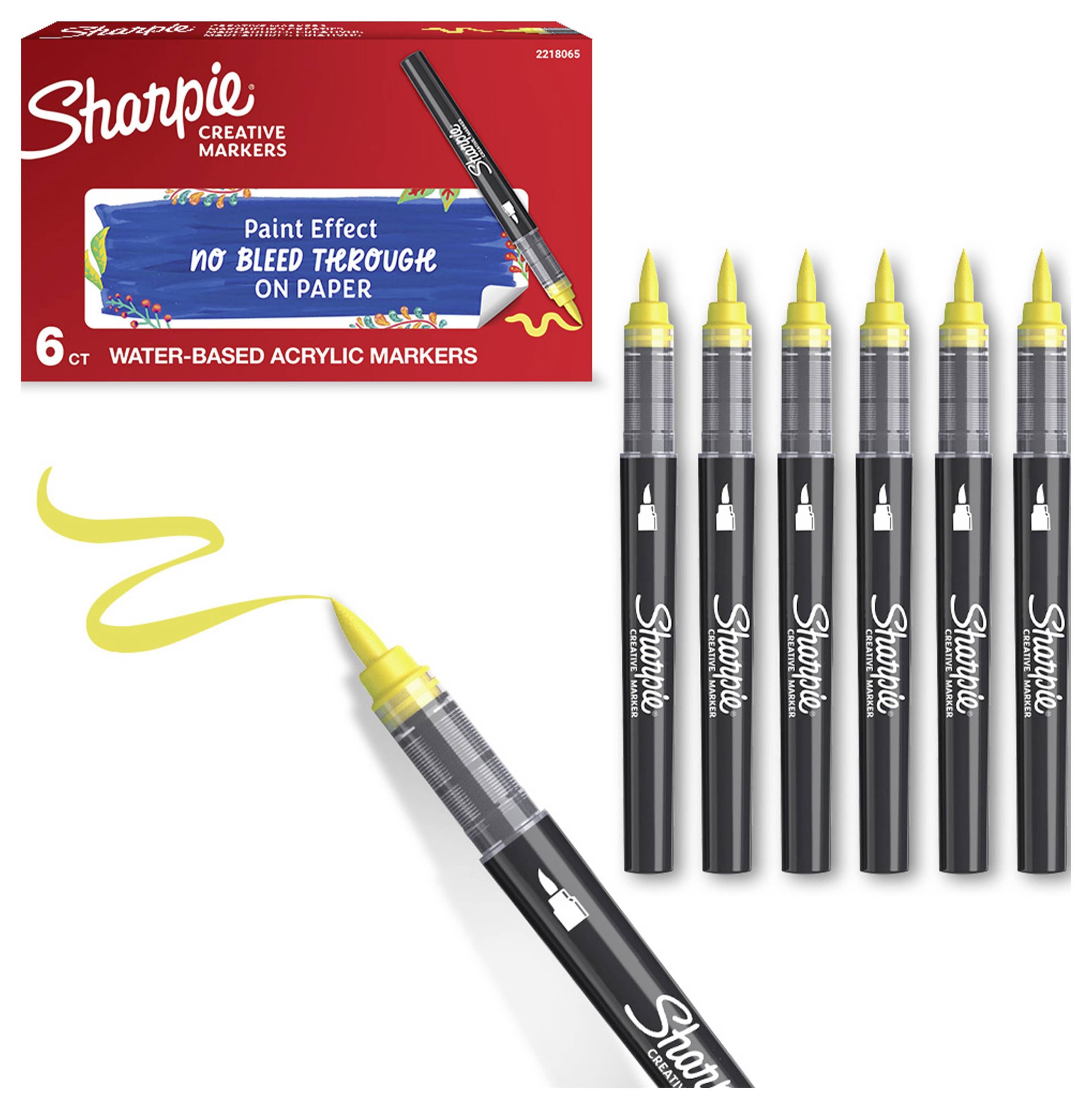 Produktový obrázok Sharpie Creative Markers: červená škatuľa so 6 kusmi, šesť čiernych značkovačov so žltými špičkami a jeden značkovač kreslí žltú čiaru.