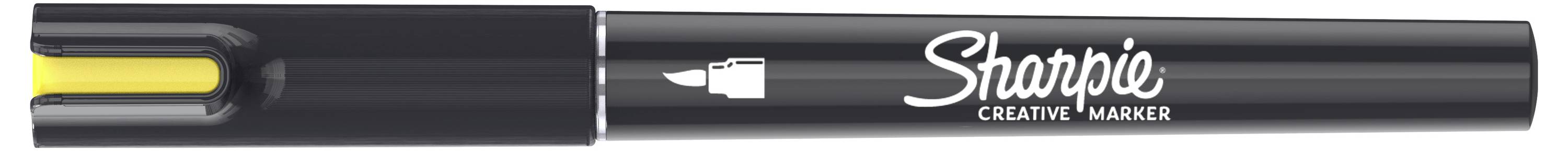 Čierny kreatívny marker Sharpie s žltou skosou špičkou, zobrazený v balení so logom Sharpie.