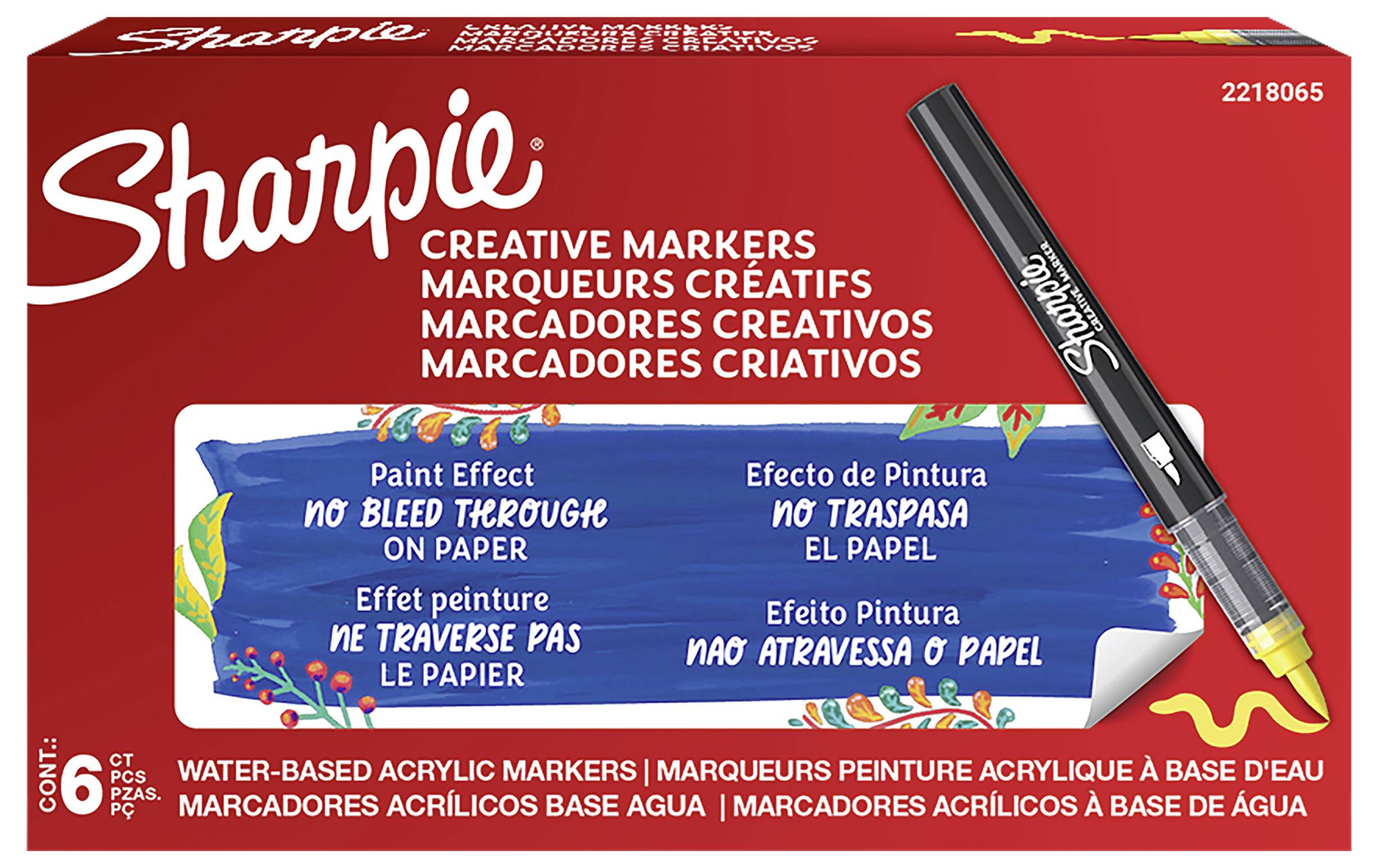 Krabica kreatívnych značkovačov Sharpie, 6 kusov, s čiernym značkovačom zobrazeným a textom balenia v niekoľkých jazykoch.