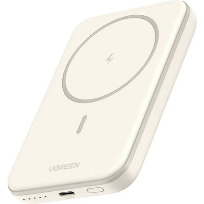 Krémovofarebnú bezdrôtovú powerbankú UGREEN MagSafe s kruhľou nabíjacou podložkou a viditeľným portom USB-C.