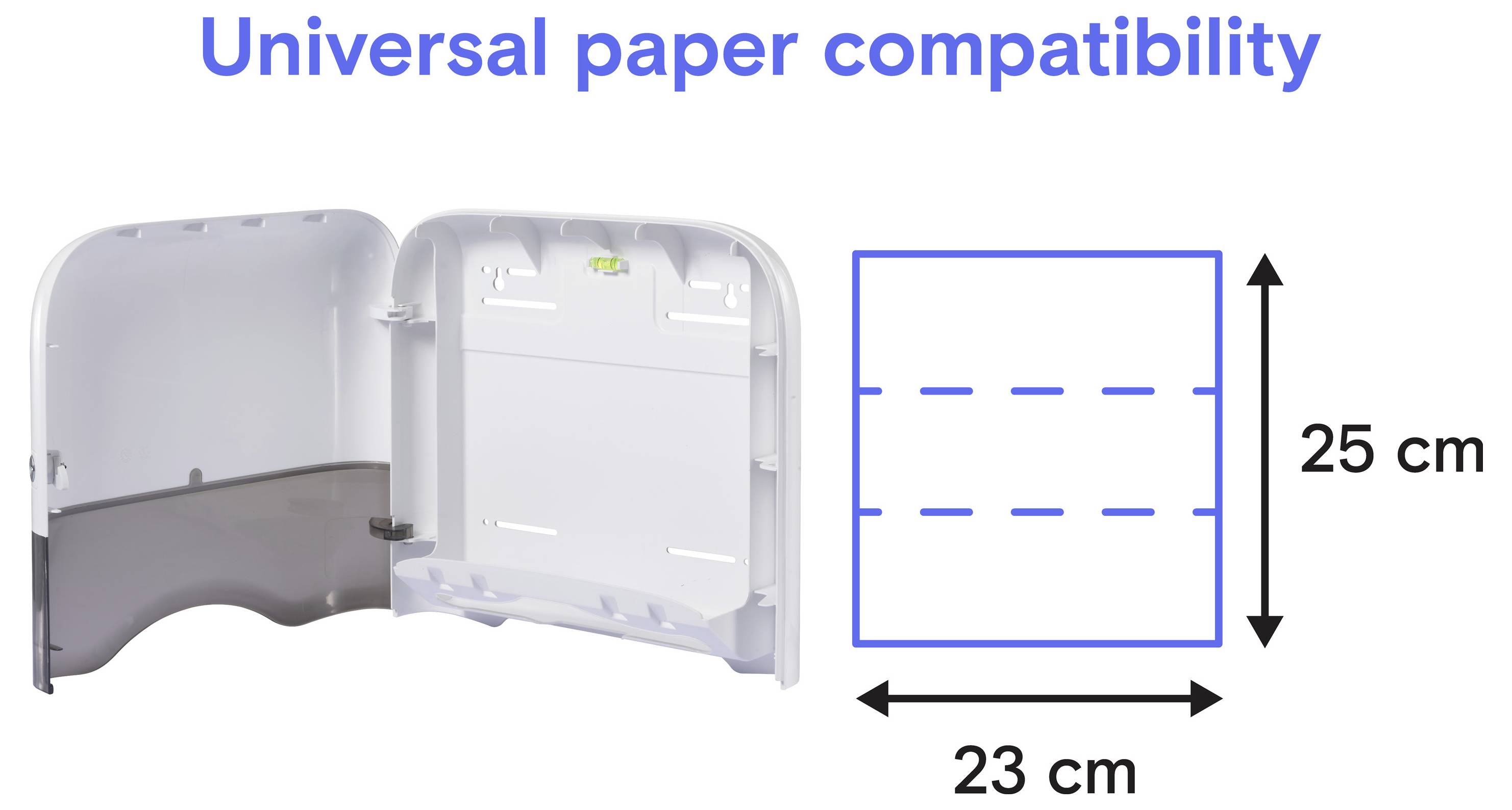 Diagram znázorňujúci univerzálnu kompatibilitu papiera pre dávkovač: pojme papier širký 23 cm a vysoký 25 cm.