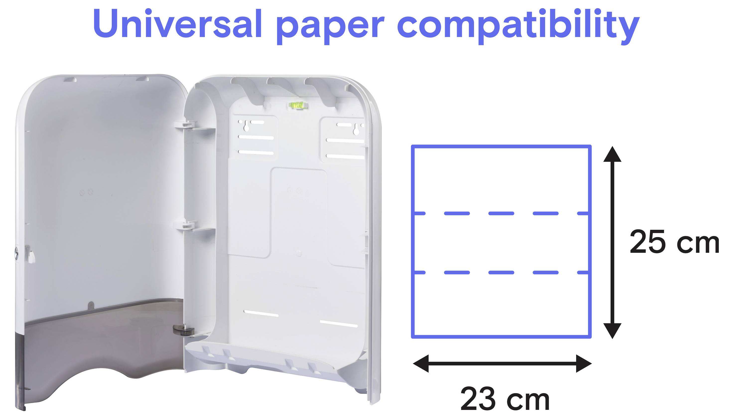 Diagram zobrazujúci univerzálnu kompatibilitu papiera: podavač papiera sa otvára pre veľkosť papiera 23 cm x 25 cm.