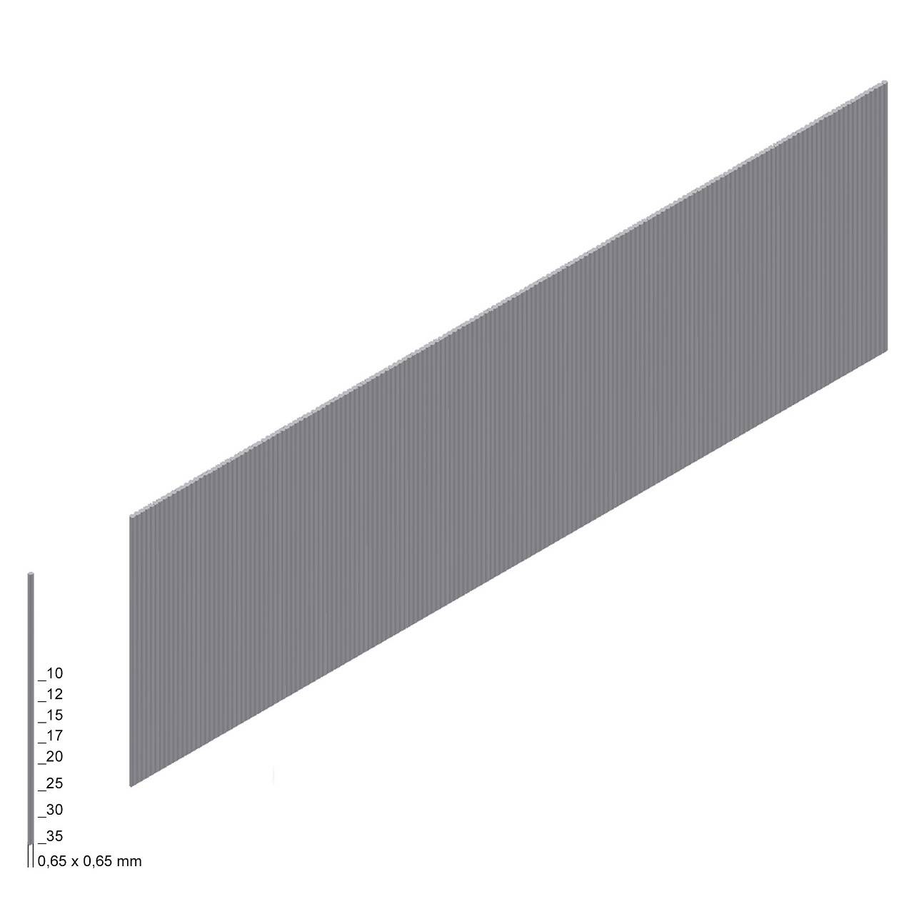 Sivý diagonálny obdĺžnikový pruh na bielom pozadí s malou stupnicou na ľavej strane označenou od 10 do 35 a „0,65 x 0,65 mm" v spodnej časti.