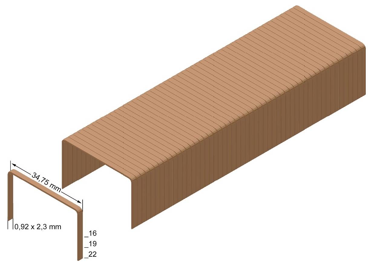 3D pohľad na medenej farby U-profilový kanál s rozmermi označenými 34,75 mm na šírku a 0,92 x 2,3 mm na hrúbku, s výškami 16, 19 a 22 mm.