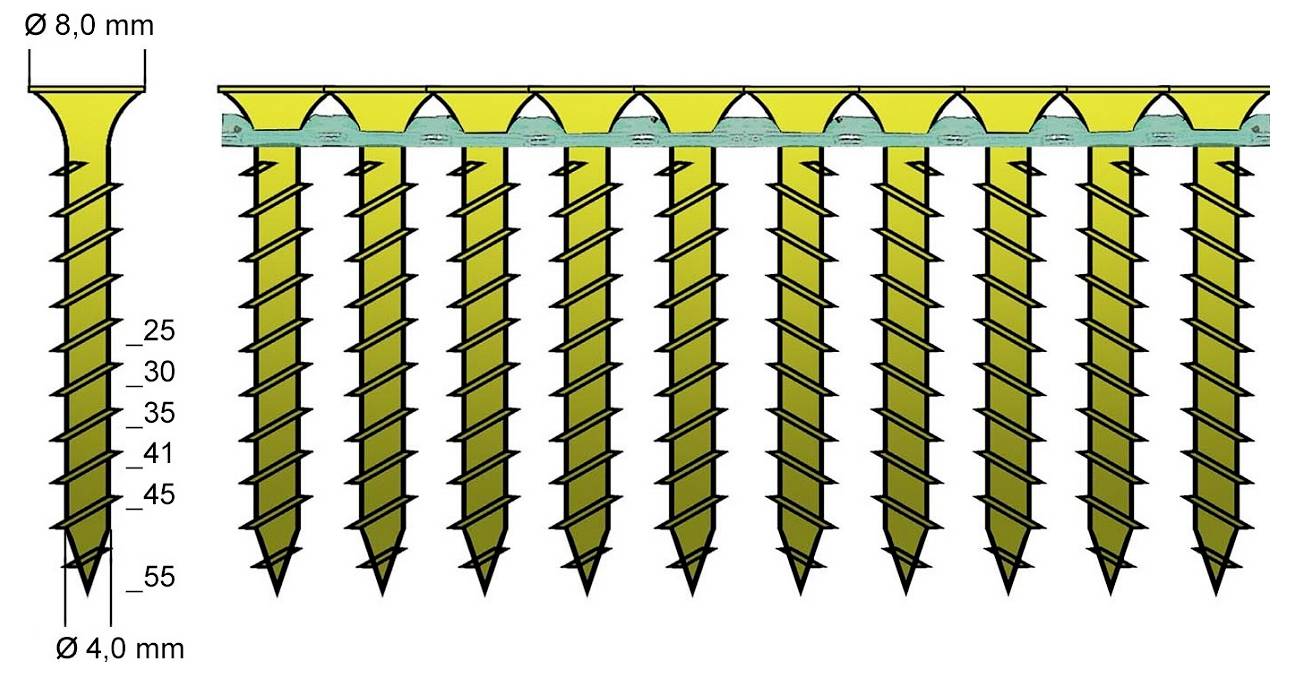 Diagram znázorňujúci žlté sklopené skrutky spojené páskom, s označením priemeru hlavy 8,0 mm a priemeru drážky 4,0 mm, s dĺžkami označenými 25 až 55 mm.