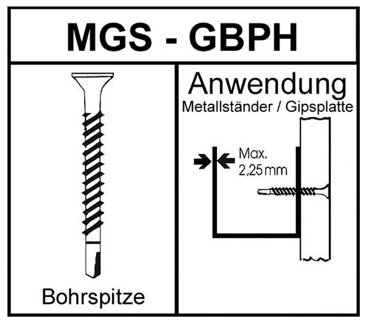 Diagram skrutky MGS-GBPH zobrazujúcej vŕtaciu špičku a použitie na kovovom profíle a sadrokartónnej doske, maximálna hrúbka 2,25 mm.