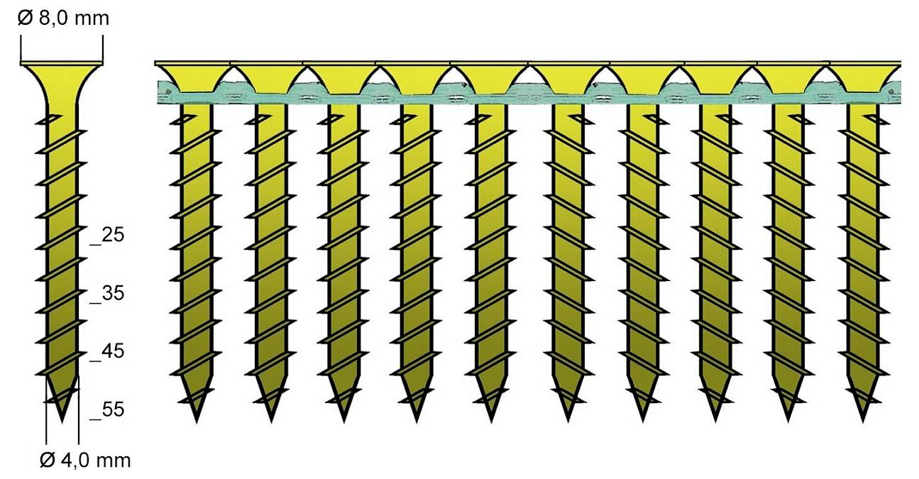 Diagram žltých skrutkovacích spojovacích prvkov, ktorý zobrazuje jednu skrutku zväčšenú s rozmermi Ø8,0 mm hlava a Ø4,0 mm hriadeľ, a množstvo skrutiek zoradených pod páskom.