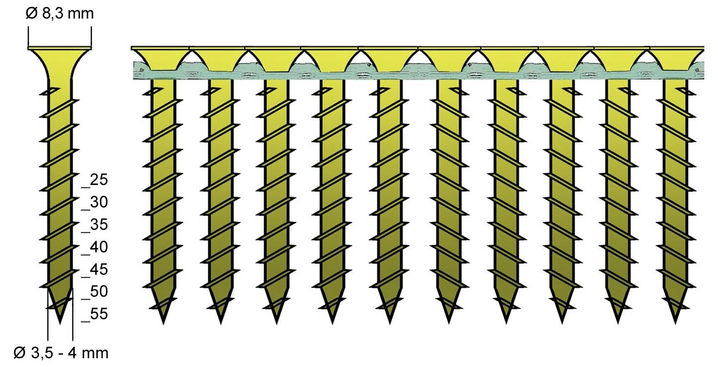 Diagram samotvrdiaceho sa skrutiek s rozmermi označenými ø 8,3 mm na hlave a ø 3,5–4 mm na špičke, zobrazujúci pás viacerých skrutiek v rade.