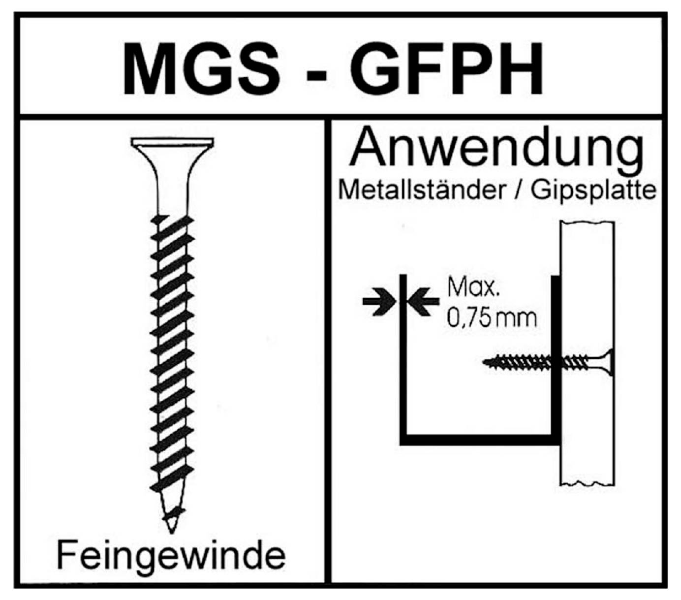 Diagram skrutky označenej „MGS - GFPH" s „Feingewinde"; pravá strana zobrazuje aplikáciu na kovový čap a sádrokarton, maximálna hrúbka 0,75 mm.