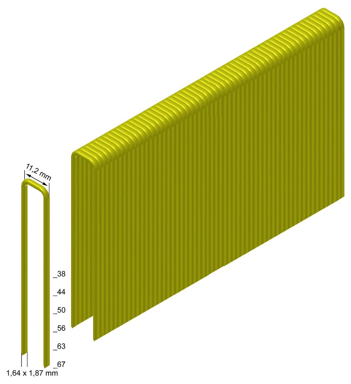 Diagram žltého vlnitého panelu s U-tvarom prierezu, označený rozmermi 11,2 mm a 1,64 x 1,87 mm, plus bočnými rozmermi 38 až 67 mm.