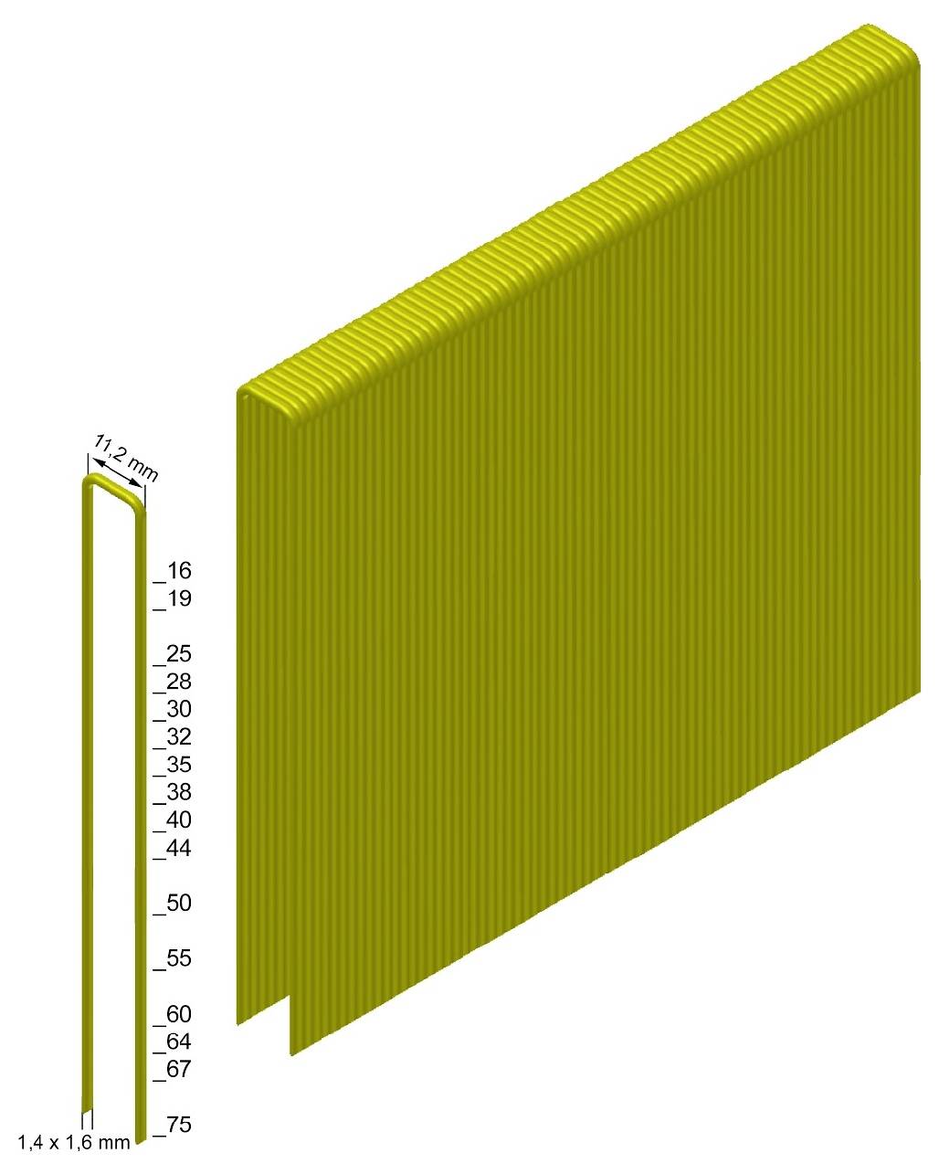 Technický nákres žltého obdĺžnikového panela s rebrami, zobrazený v 3D s bočným profilom označeným 1,2 mm a 1,4 x 1,6 mm, plus vertikálna stupnica od 16 do 75.