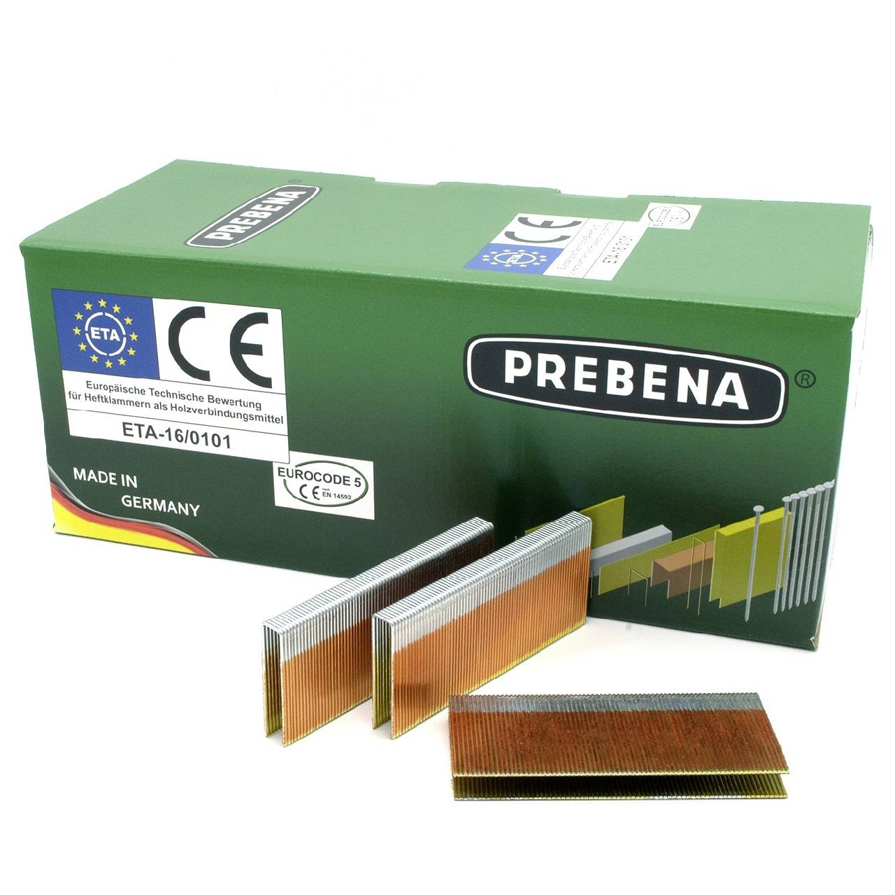 PREBENA krabica s páskami kolibrovaných klincov s certifikačnými označeniami CE a ETA, zobrazená s niekoľkými balíčkami klincov vpredu.
