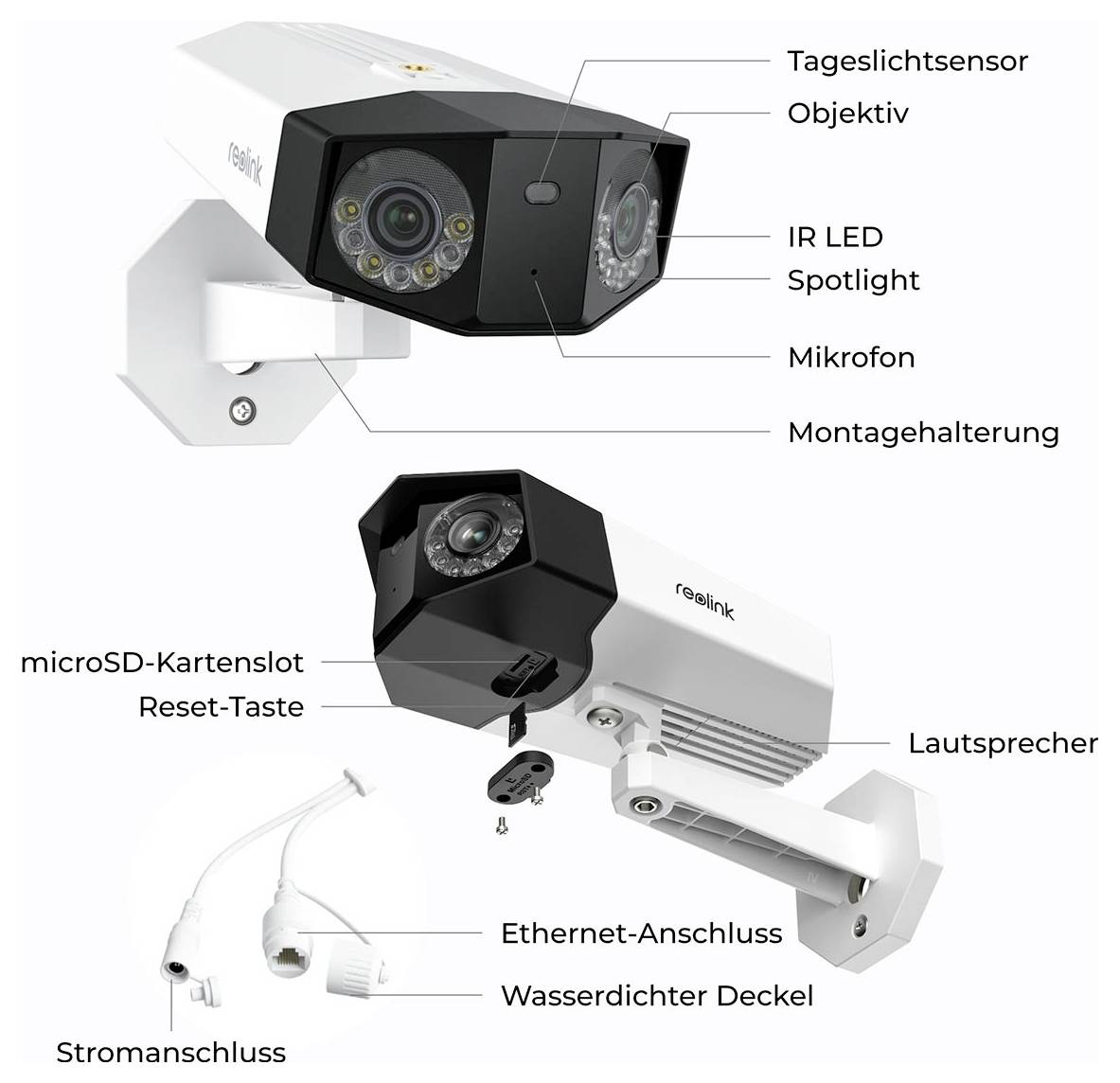 Rozložený pohľad na bezpečnostnú kameru Reolink s označenými časťami: denný senzor, objektív, IR LED reflektor, mikrofón, držiak, slot pre microSD kartu, tlačidlo reset, reproduktor, port Ethernet, vodotesný kryt a konektor napájania.