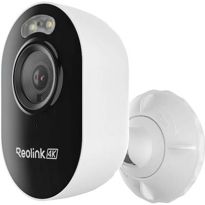 Bezpečnostná kamera Reolink 4K s bielym držiakom, zobrazená čelne na jednoduchom pozadí.