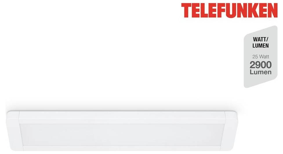 Telefunkenové LED nástenné svetlo s bielym obdĺžnikovým kvapalinám a štítkom zobrazujúcim "25 Watt" a "2900 Lumen"