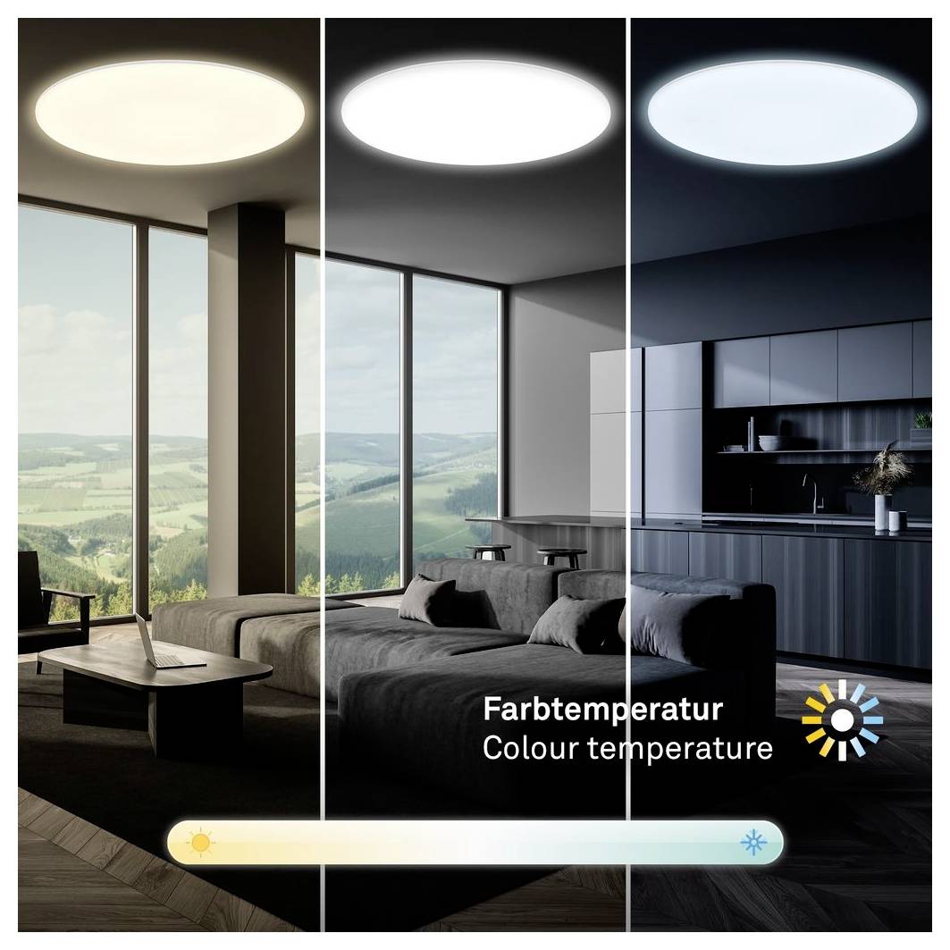 Porovnanie osvetlenia trojpanelové miestnosti zobrazujúce teplé, neutrálne a chladné farebné teploty, s posuvníkom "Farbtemperatur/Colour temperature" v dolnej časti.