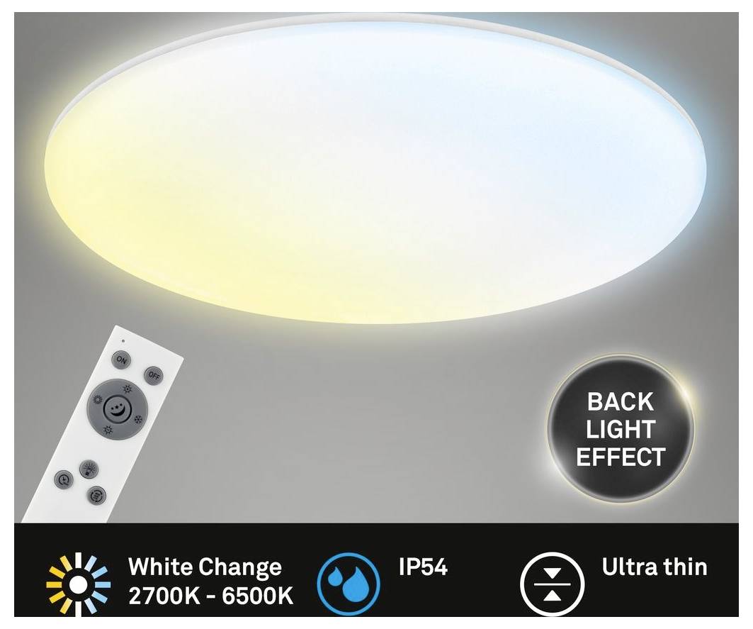 Okrúhle ultra-tenké LED stropné svietidlo s efektom spätného osvetlenia, zobrazené s diaľkovým ovládačom; text zdôrazňuje zmenu bielej farby 2700K-6500K a IP54.