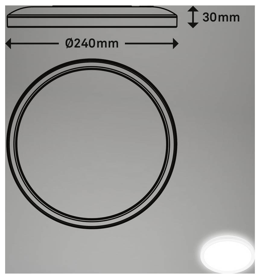 Technický výkres okrúhleho svietidla: priemer 240 mm a hrúbka 30 mm, zobrazené v pohľade zhora a bočnom pohľade.