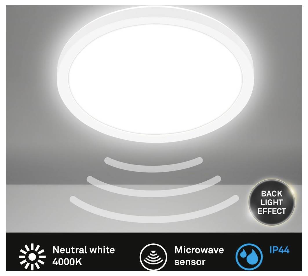 Okrúhle LED stropné svetlo so senzorom na mikrovlny, s efektom zadného osvetlenia, neutrálna biela 4000K a triedou IP44.