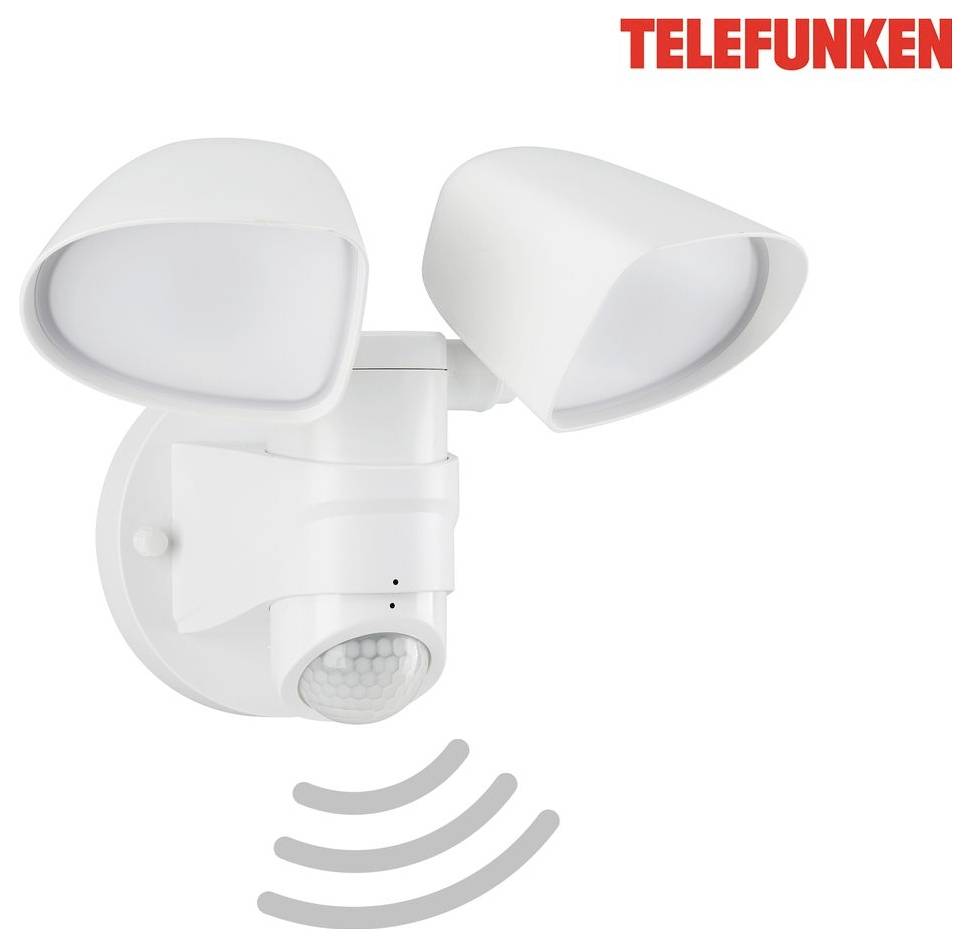 Biela bezpečnostná lampa Telefunken s duálnym čidlom pohybu pre vonkajšie použitie, zobrazená na bielom pozadí s ikonou bezdrôtového signálu nižšie.