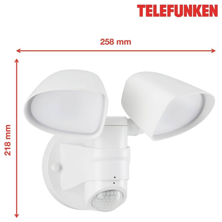 Telefunken biela vonkajšia bezpečnostná záriveň s dvoma hlavami a senzorom pohybu, zobrazená s rozmermi 258 mm v šírke a 218 mm vo výške.