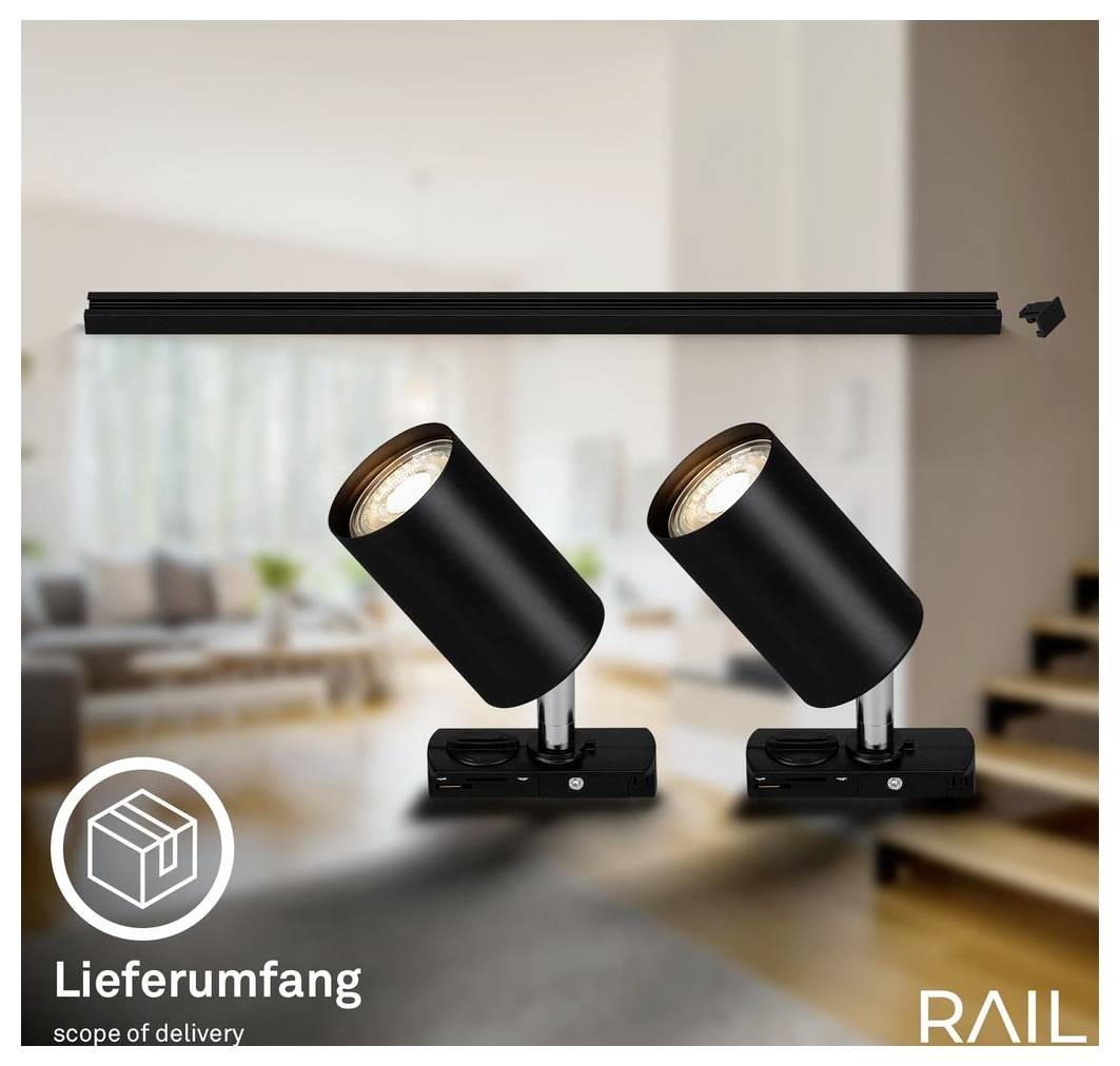 Produktový obrázok dvoch čiernych nastaviteľných stopmacích reflektorov namontovaných na koľaji, s textom „Lieferumfang" a „rozsah dodávky" označujúcim zahrnuté položky.