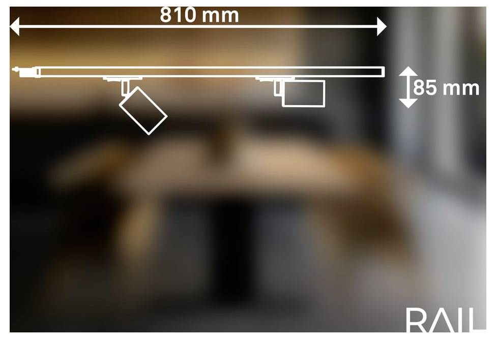 Diagram stropného reflektora so schémou zobrazujúcou dĺžku 810 mm a výšku 85 mm, s nastaviteľnými svetelnými hlavicami namontovanými pod tenkou koľajnicou.